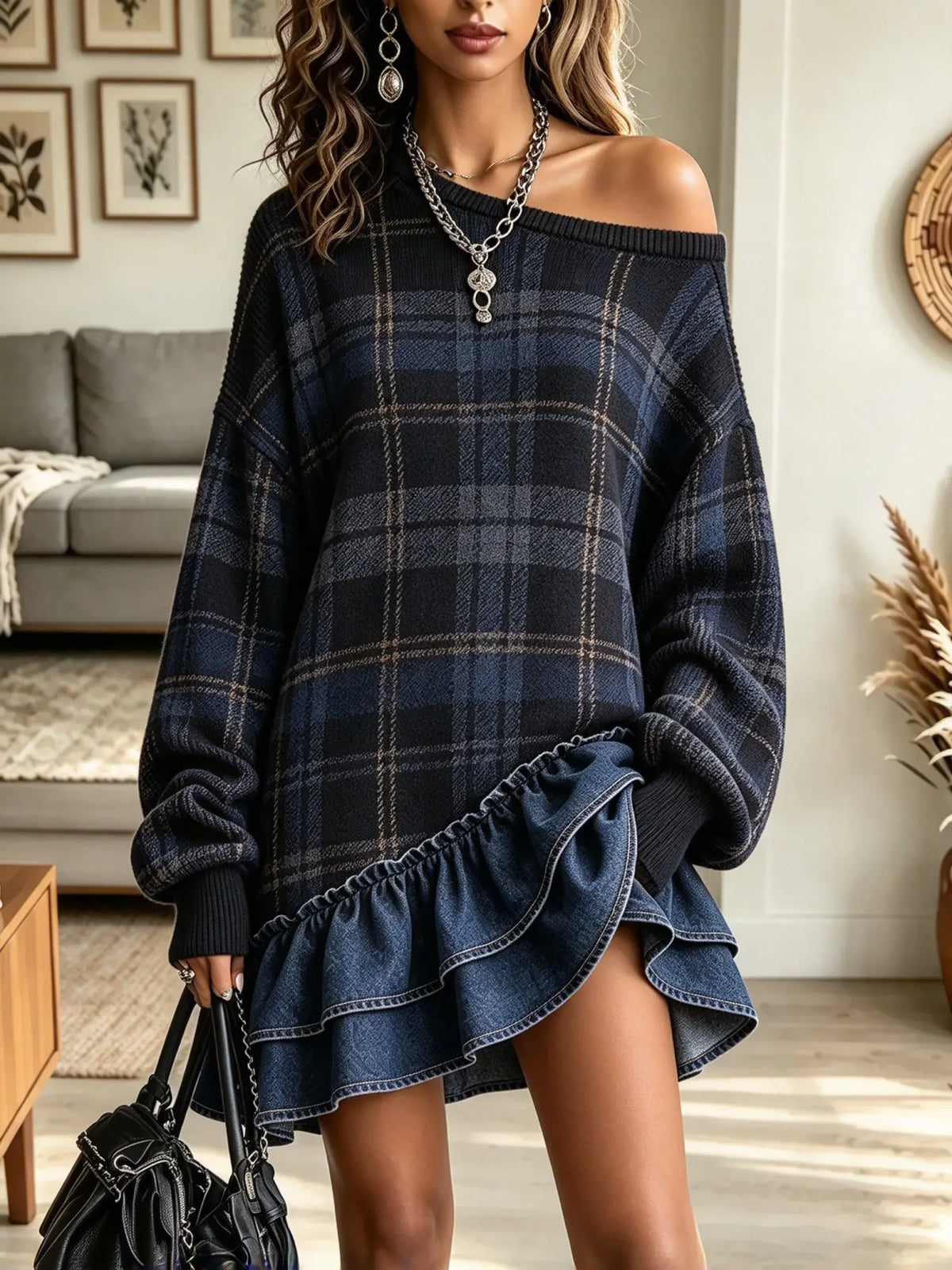 Women's Plaid Off-the-Shoulder Ruffle Dress