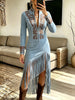 Vintage Elegant Suede Patchwork Color-block Design Tassels Dress
