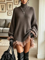 Women's Turtleneck Ruffled Hem Sweater Mini Dress