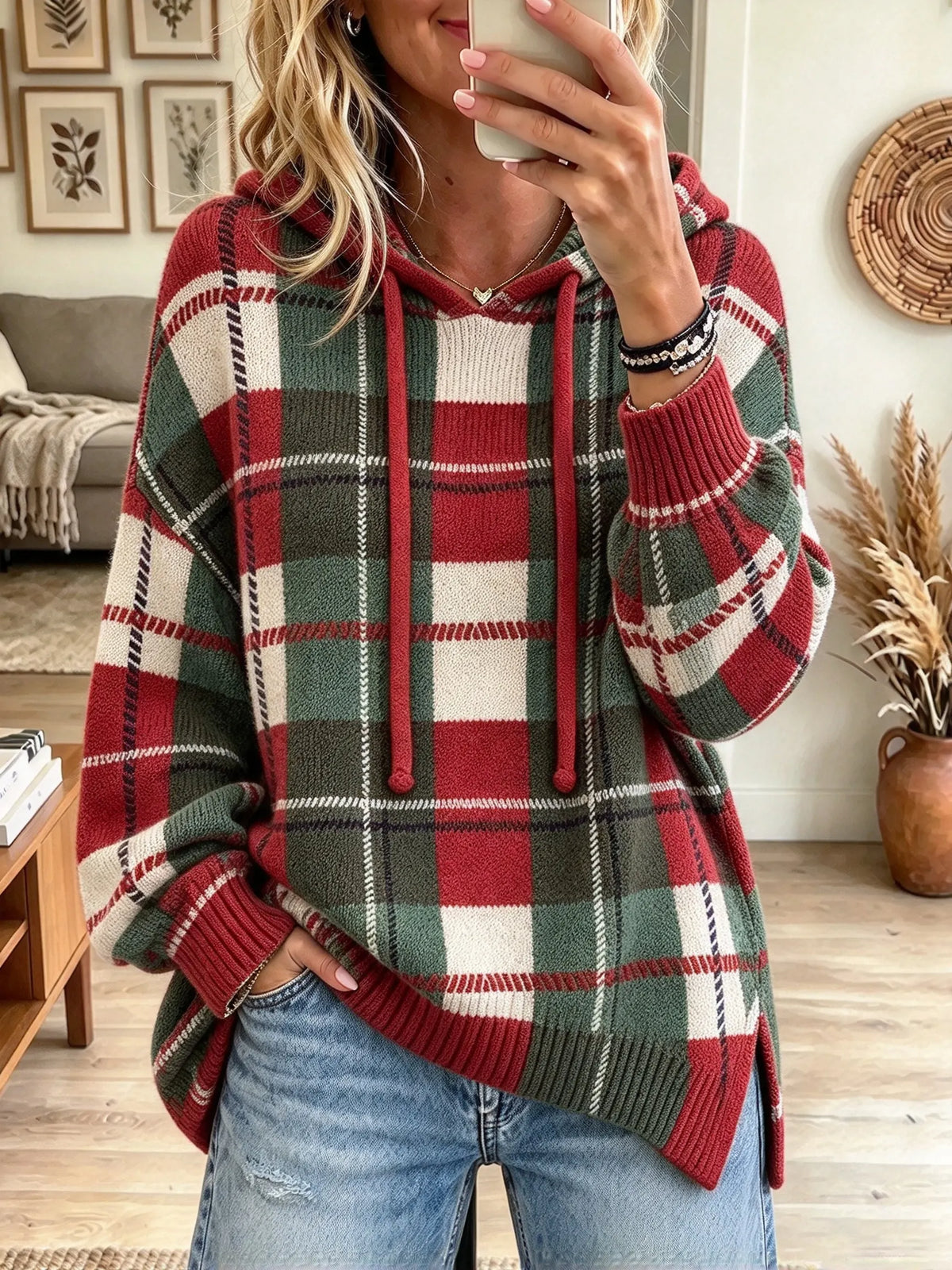 Women's Plaid Knit Hooded Pullover