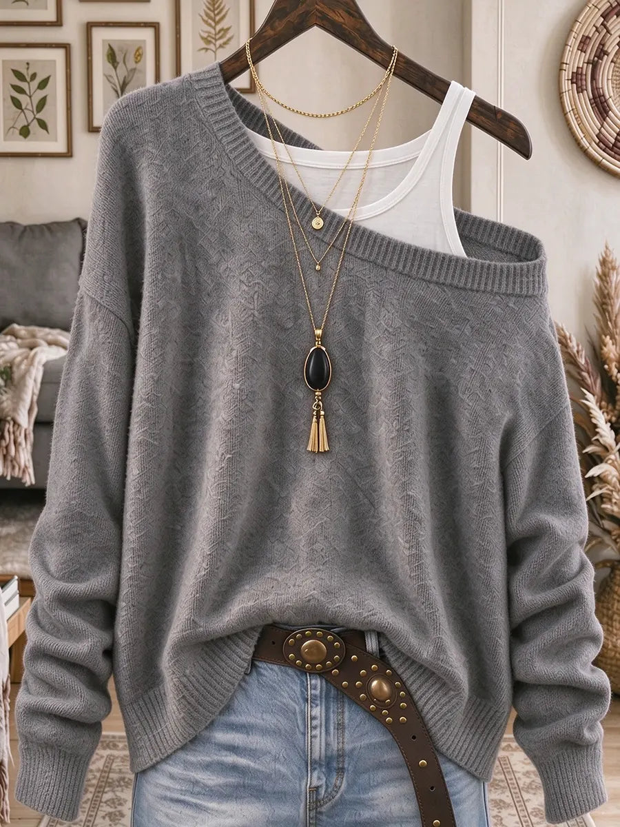 Women's Off-shoulder Long-sleeve Loose Knit Pullover Sweater