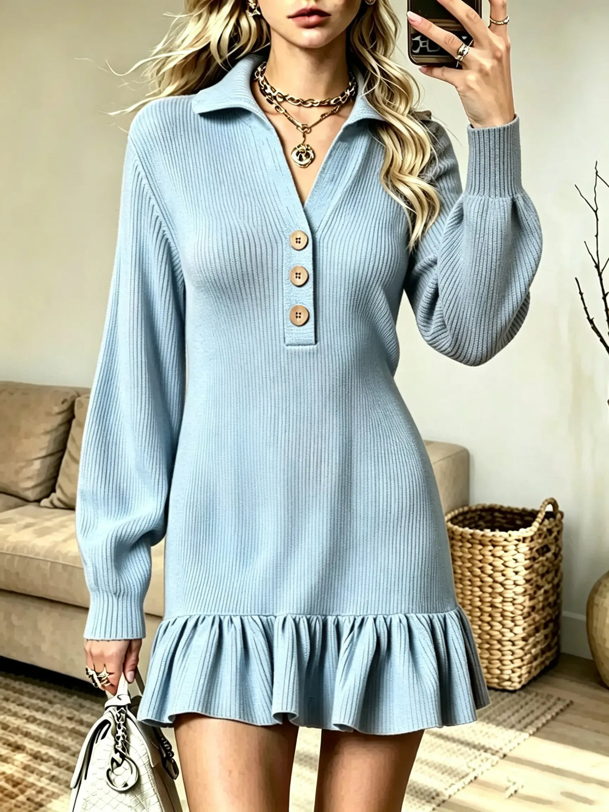 Women's Polo Collar Ruffle Hem Ribbed Sweater Dress