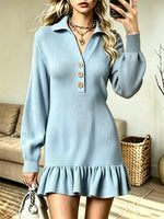 Women's Polo Collar Ruffle Hem Ribbed Sweater Dress