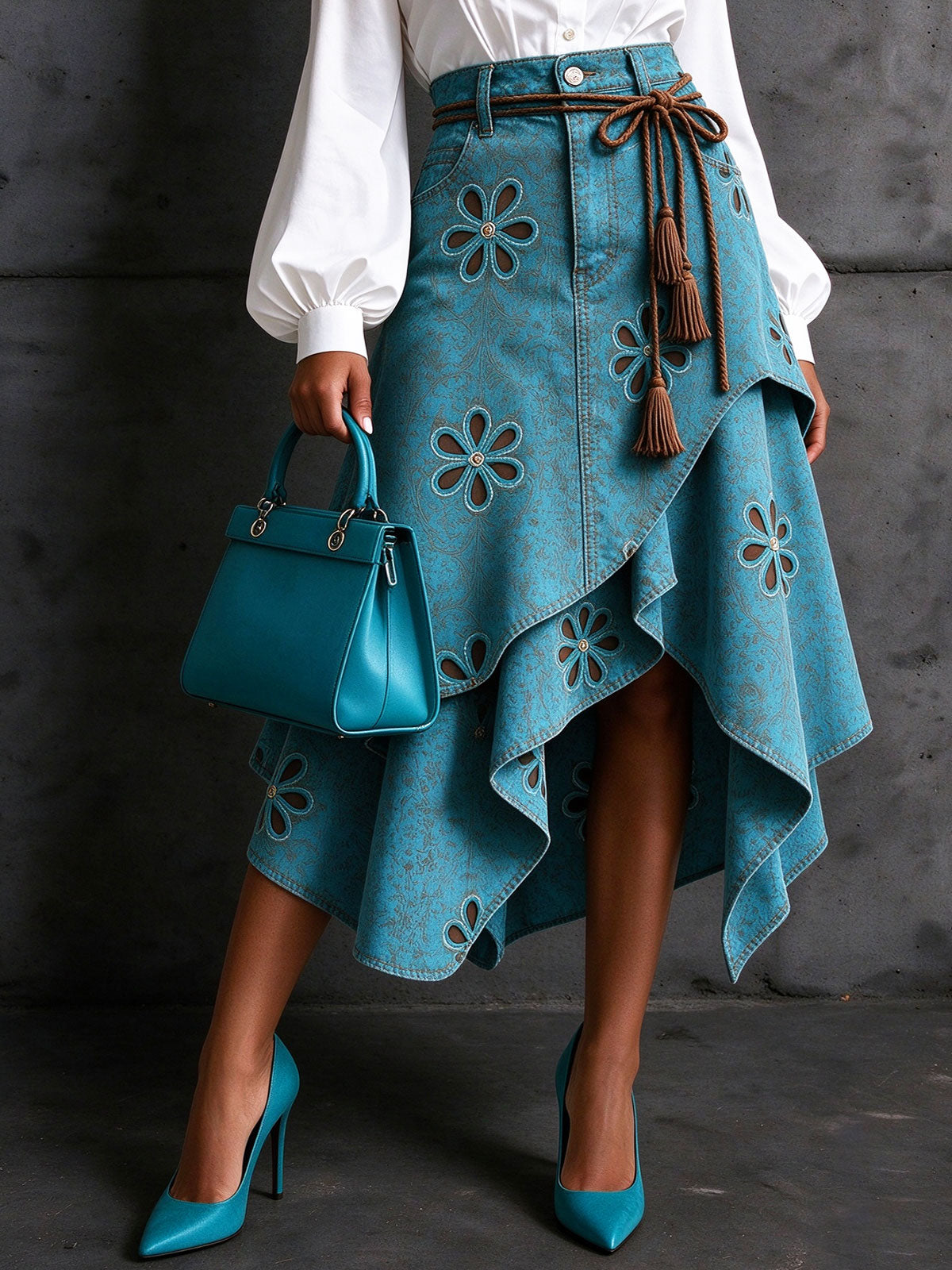 Women Teal Denim Hollow Floral Embroidery Asymmetrical Ruffle Midi Skirt