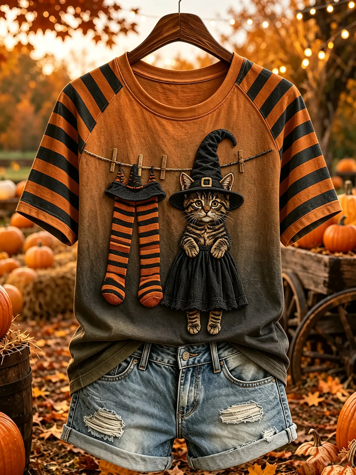Women's Halloween Tabby Witch Cat Striped Sleeve T-Shirt
