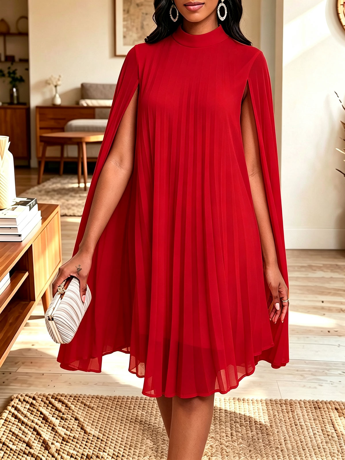 Women Mock Neck Cape Sleeve Pleated Chiffon Midi Party Dress