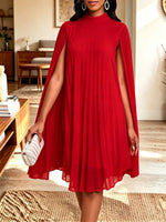 Women Mock Neck Cape Sleeve Pleated Chiffon Midi Party Dress