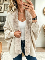 Women's Faux Fur Collar Waffle Knit Cardigan