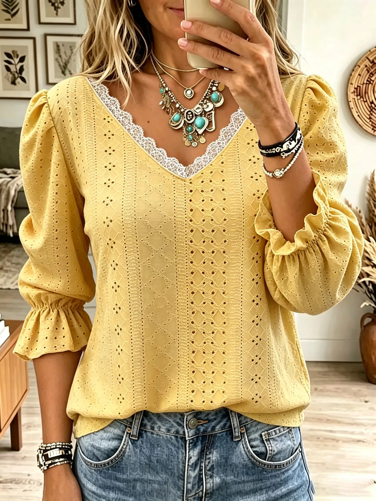 Women's Eyelet Lace Trim V-Neck Blouse