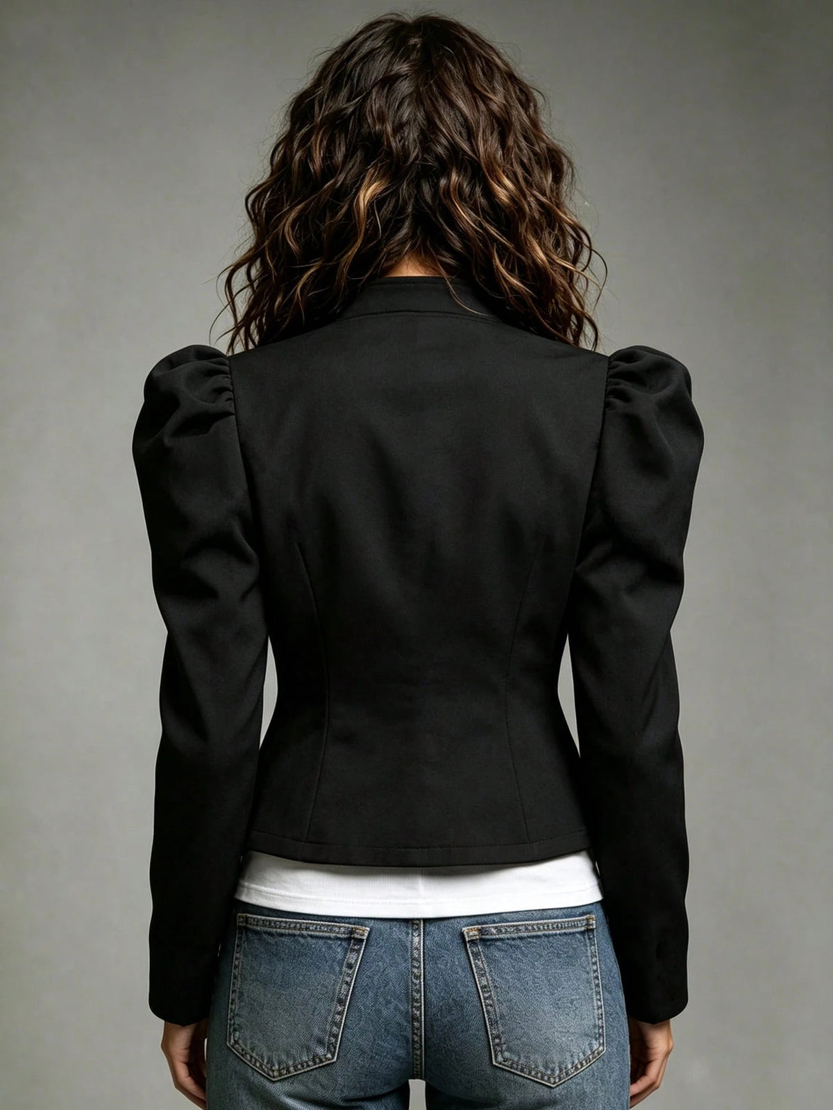 Women Stand Collar Puff Sleeve Double Breasted Cropped Jacket