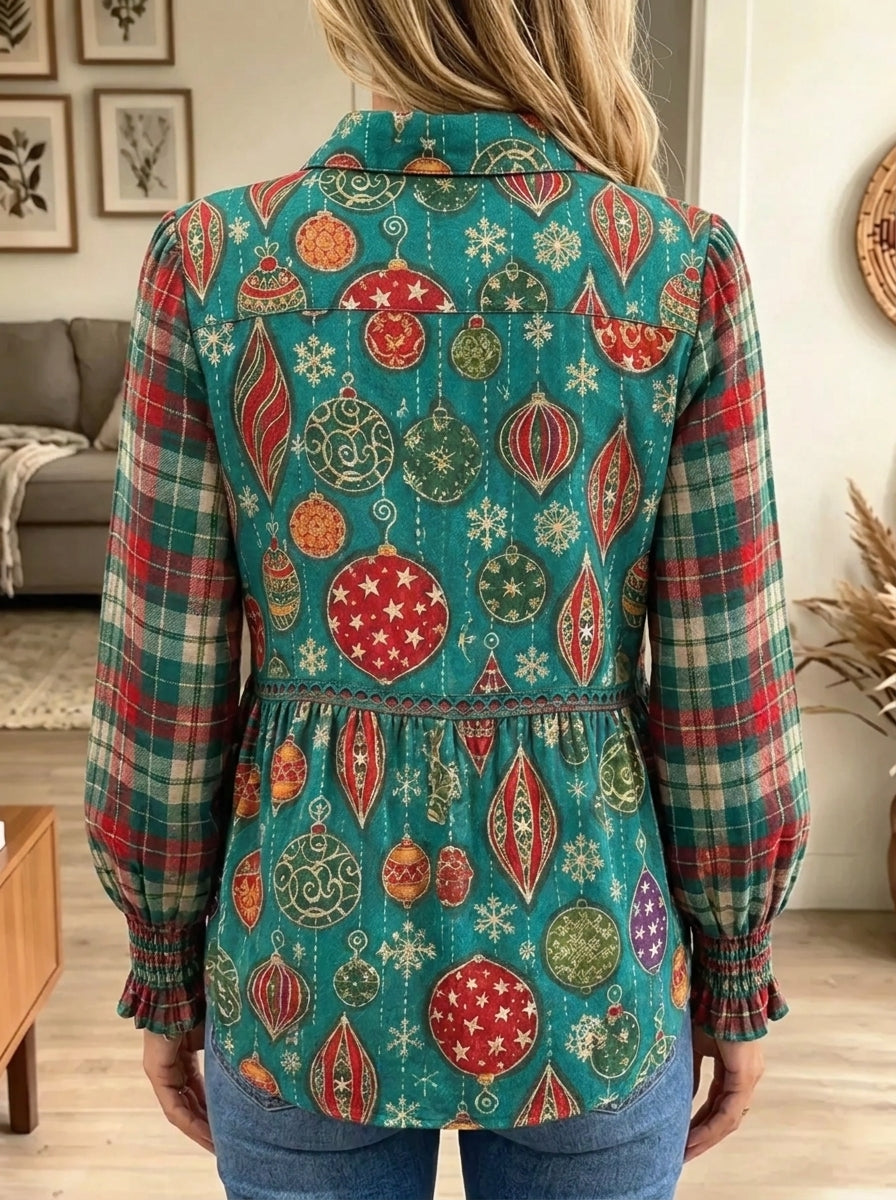 Women's Christmas Bauble Print Plaid Babydoll Blouse