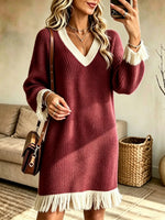Women's V-Neck Contrast Fringe Knit Sweater Dress