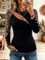 Women's Leopard Sleeve Cutout Zipper Ribbed Top