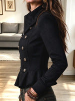 Vintage Zip Lapel Ruffle Art Button Casual Stylish Long Sleeve Coat