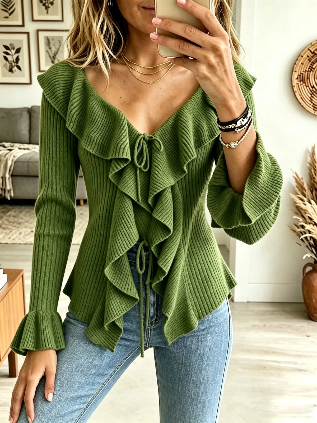 Women's Ruffled Tie-Front Ribbed Knit Cardigan