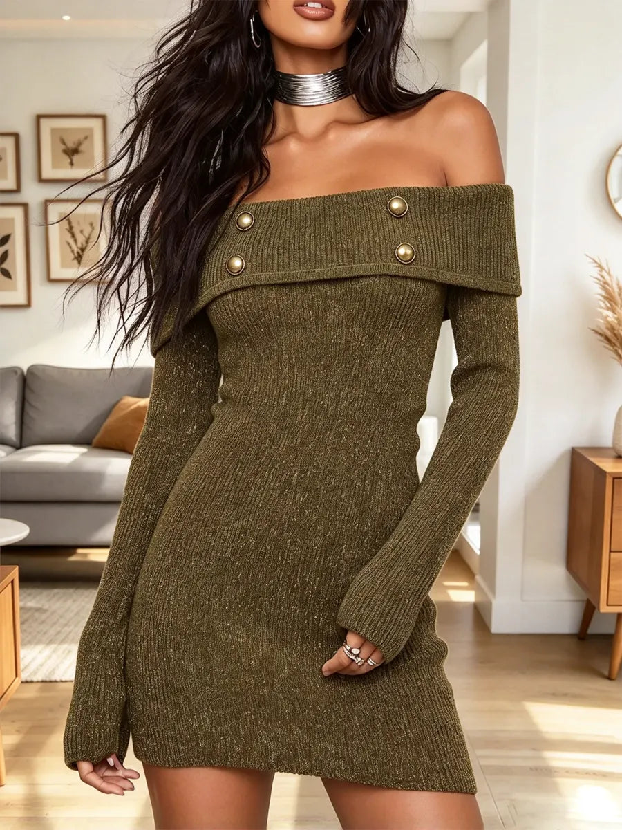 Vintage Chic Off-shoulder Art Casual Stylish Long Sleeve Knitted Short Dress