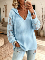 Women Solid Sunflower Lace Spliced Hooded Knit Top
