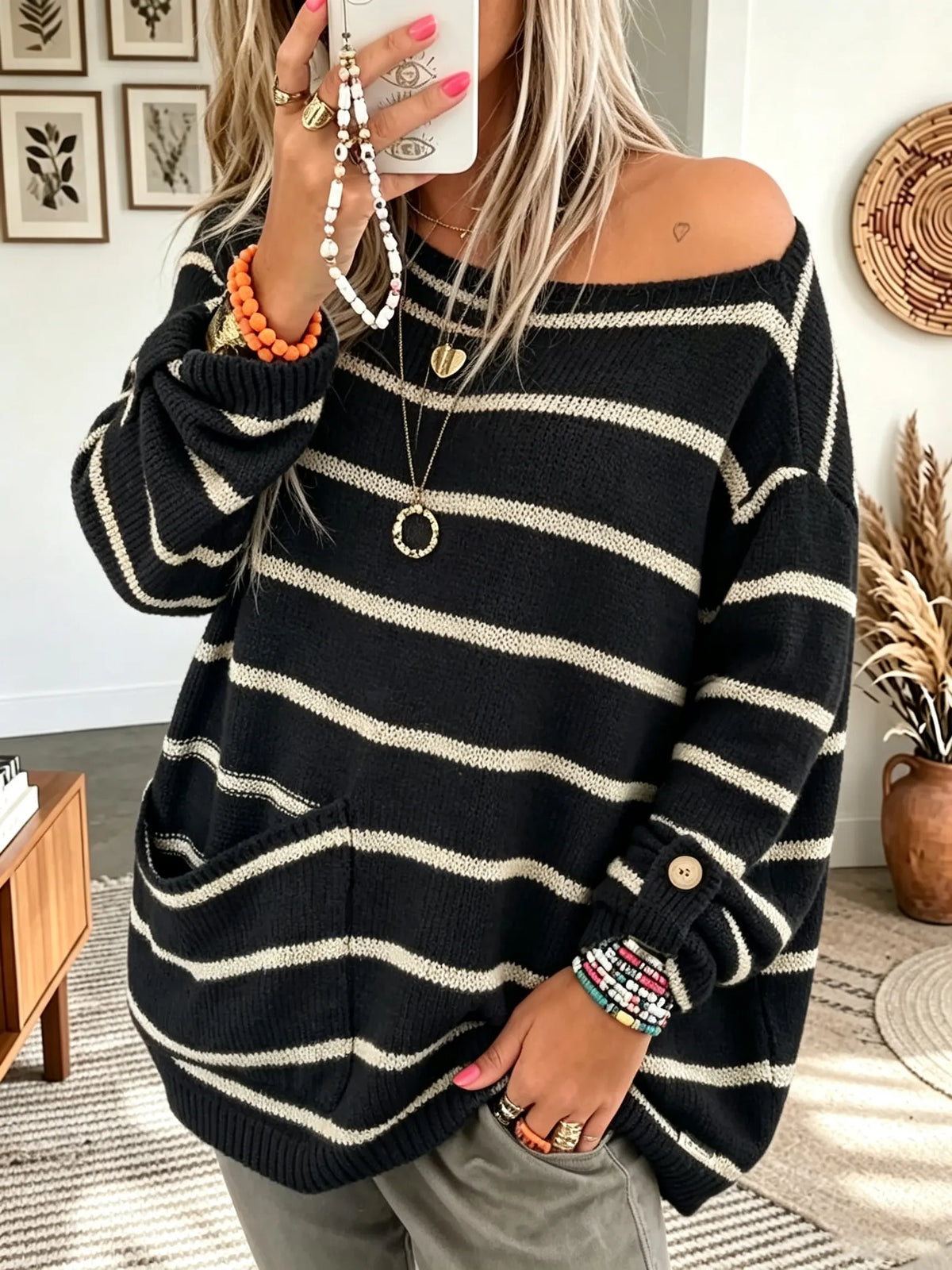 Women's Striped Knit Oversized Pocket Sweater