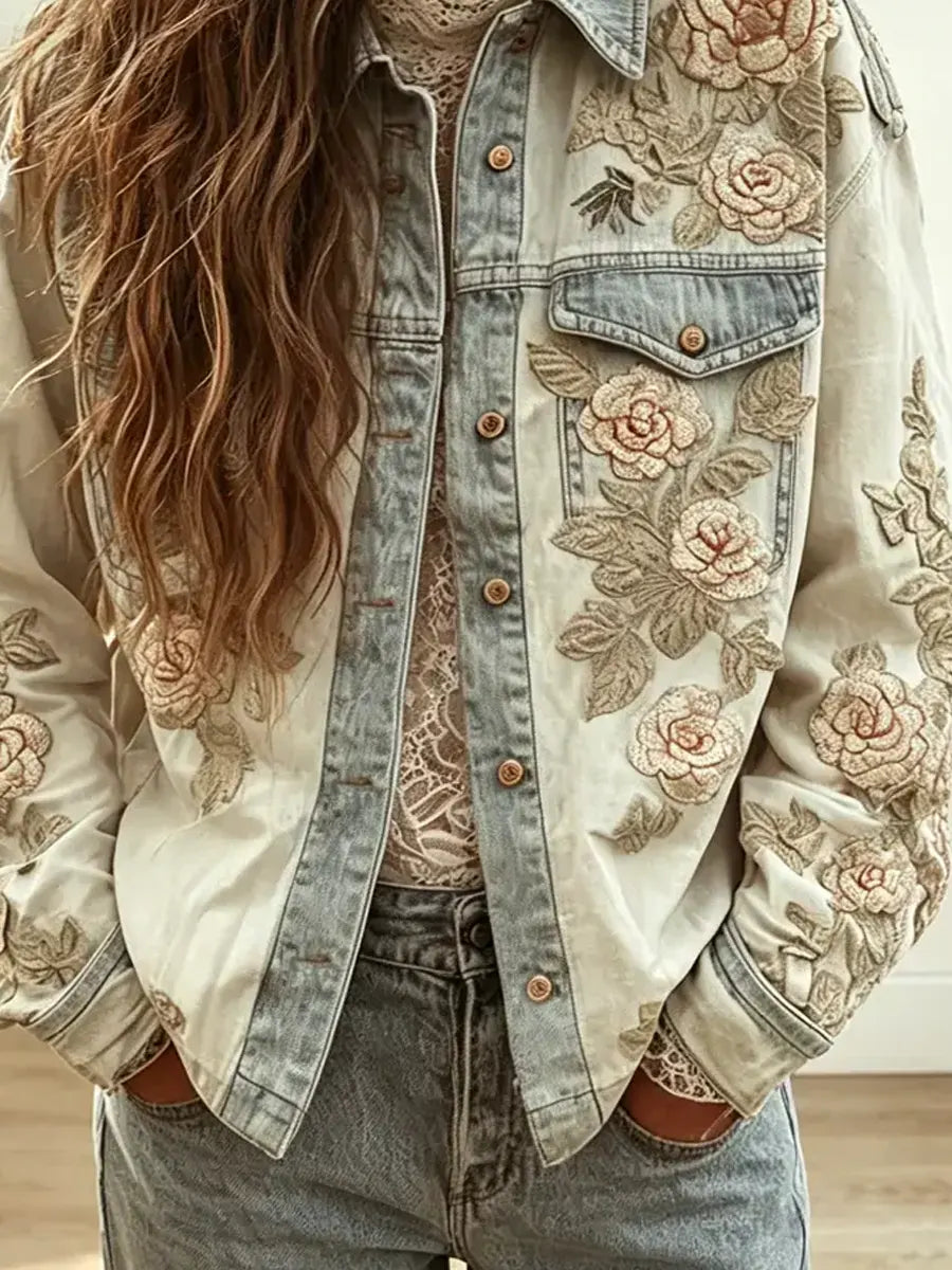 Retro Floral Pattern Art Casual Stylish Long Sleeve Denim Coat
