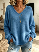 Women V‑Neck Fuzzy Plush Oversized Long Sleeve Knit Sweater