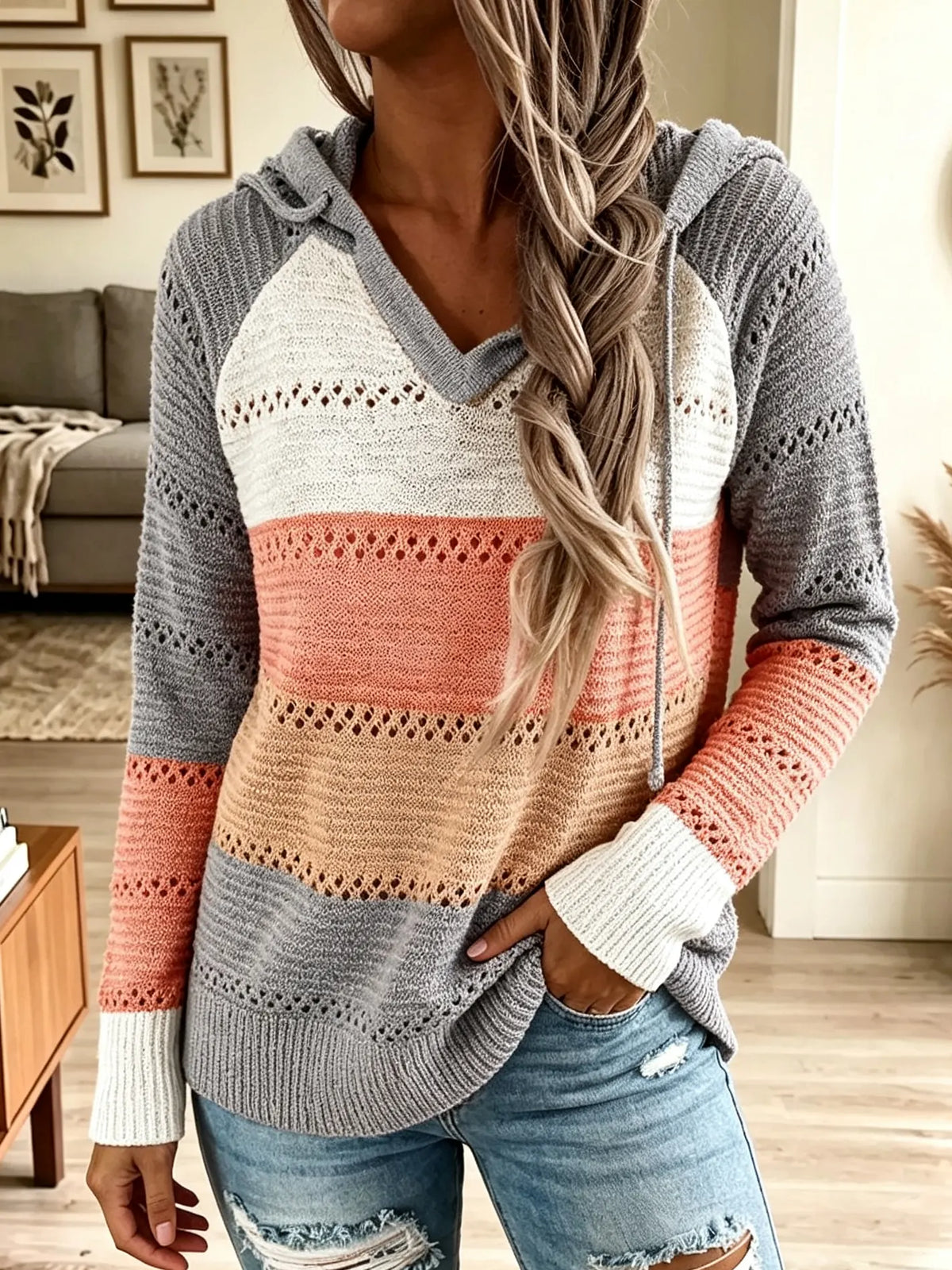 Women's Striped Knit Drawstring Hooded Sweater