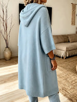 Cozy Hooded Knit Art Casual Pockets Stylish 3/4 Sleeve Cardigan Coat