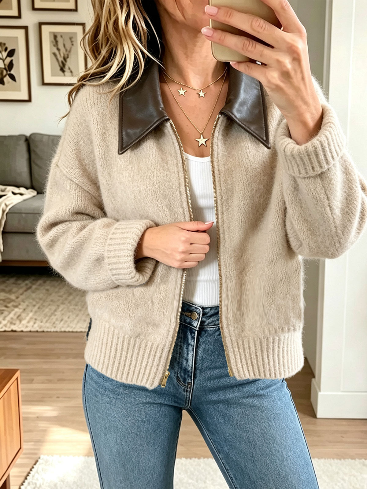 Women Fuzzy Knit Zip Jacket With Faux Leather Collar