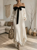 Women's Elegant Black Bow Lace Hem Off-shoulder Knit Dress