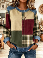 Women Plaid Denim Patchwork Round Neck Long Sleeve Blouse