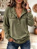 Women's Olive Green Utility Pullover Sweatshirt with Snap Button Placket and Chest Pockets