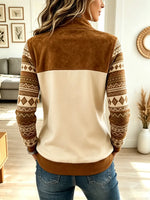 Vintage Pattern Zip Art Casual Stylish Lapel Long Sleeve Top