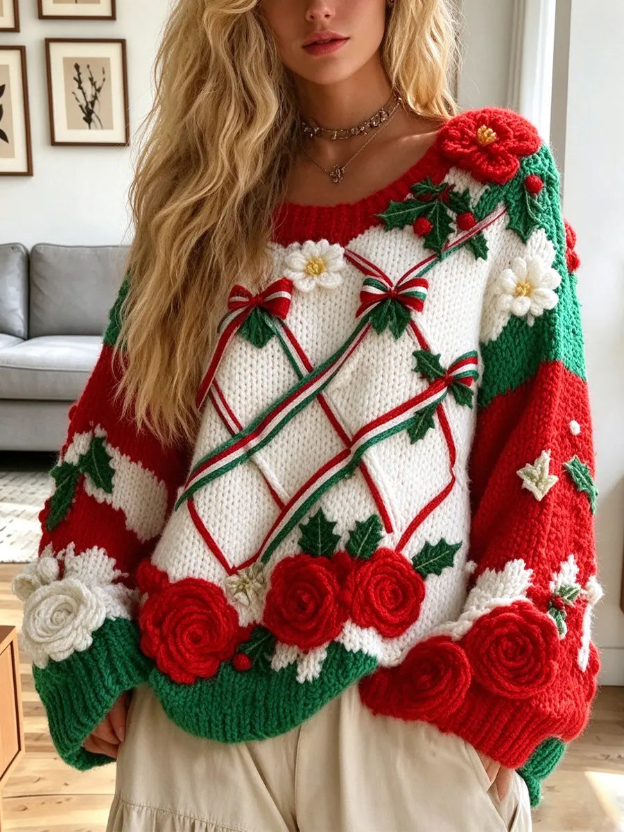 Vintage Floral Christmas Knitted Art Casual Stylish Long Sleeve Sweater