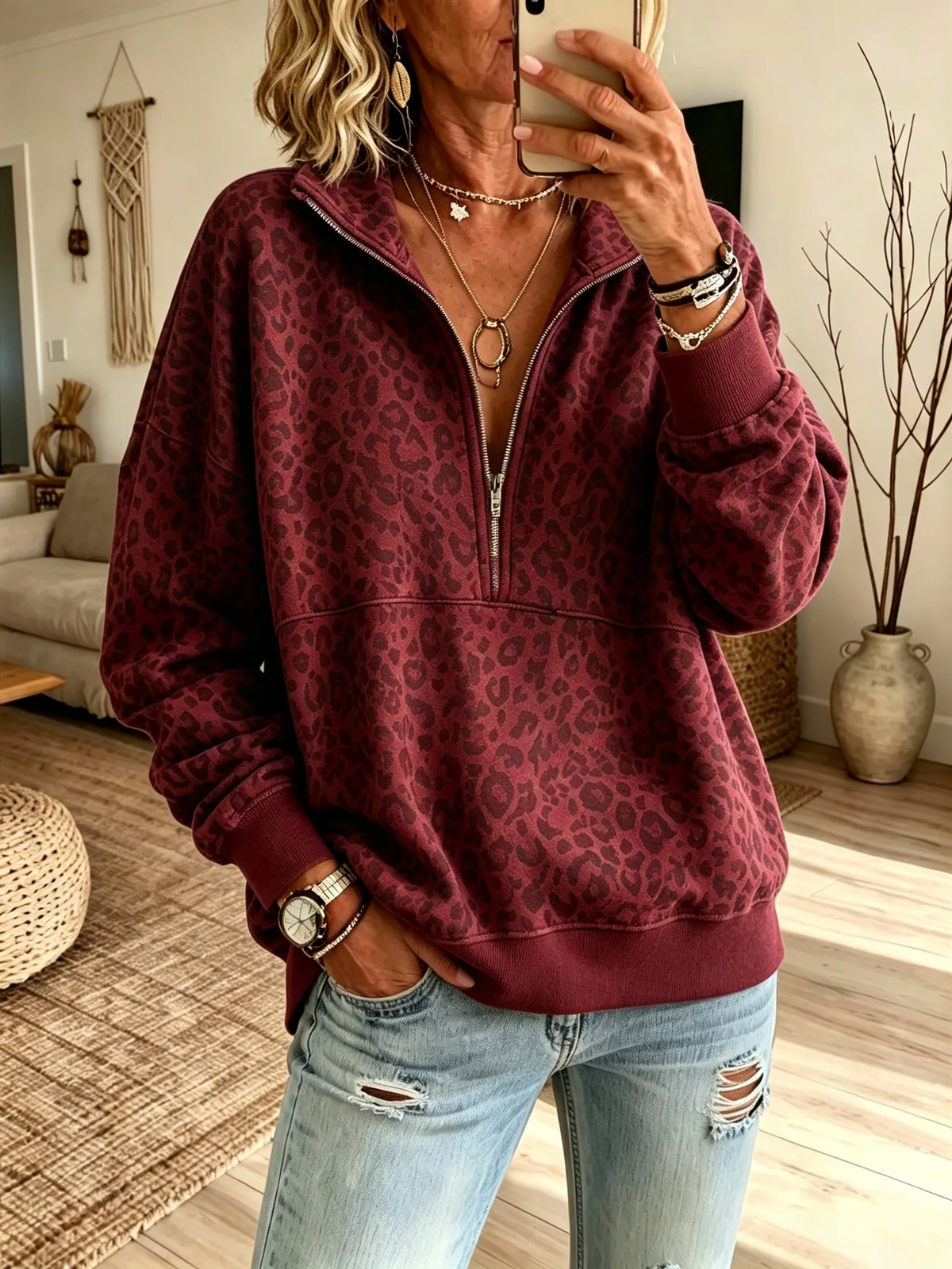Women's Animal Leopard Print Half Zip Pullover Sweatshirt