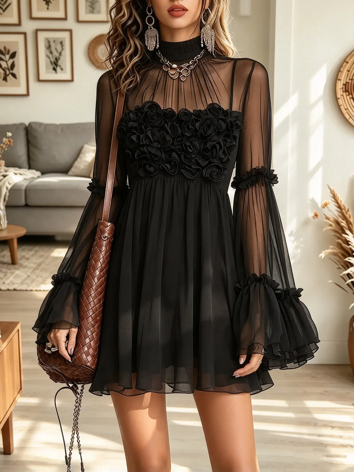 Women's Sheer Mesh 3D Rosette Babydoll Mini Dress