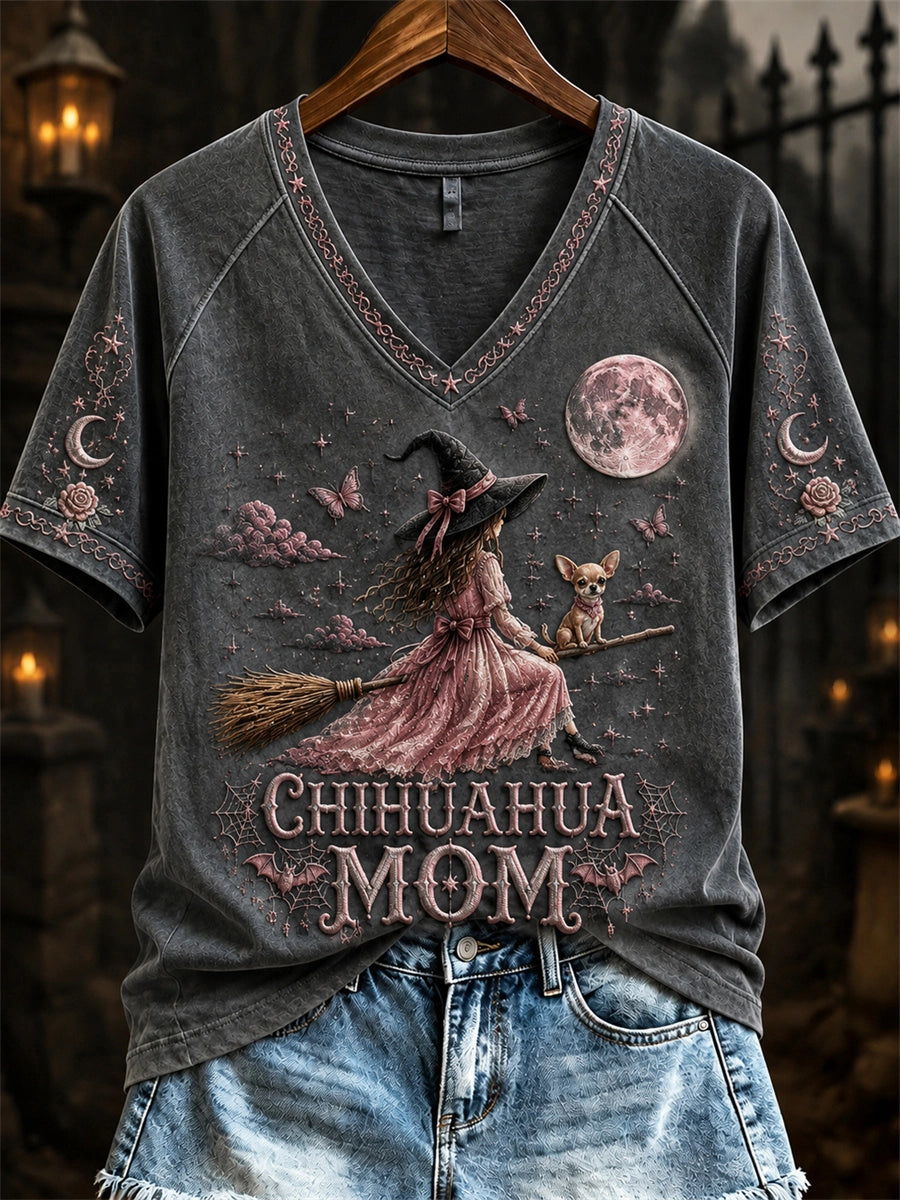 Women's Chihuahua Mom Flying Witch Graphic T-Shirt