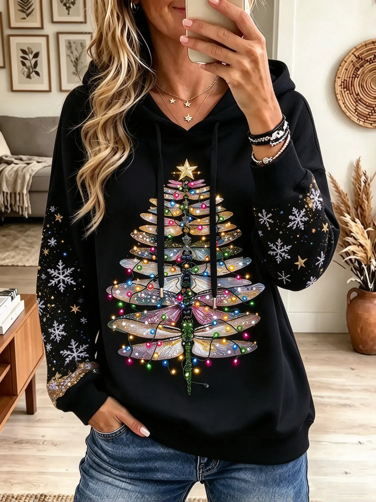 Women's Dragonfly Christmas Tree Graphic Fleece Hoodie