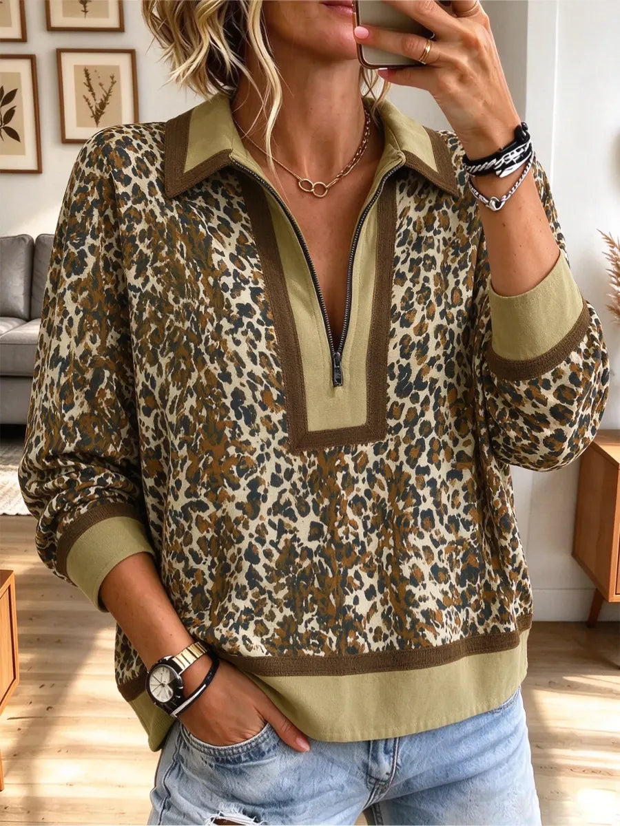 Vintage Leopard Pattern Zip Lapel Art Casual Stylish Long Sleeve Shirt