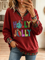 Women Holly Jolly Christmas Graphic Plaid Collar Fake Two Piece Sweatshirt