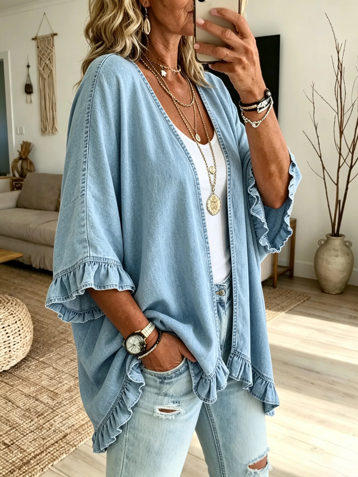 Women Solid Washed Denim Ruffle Cardigan