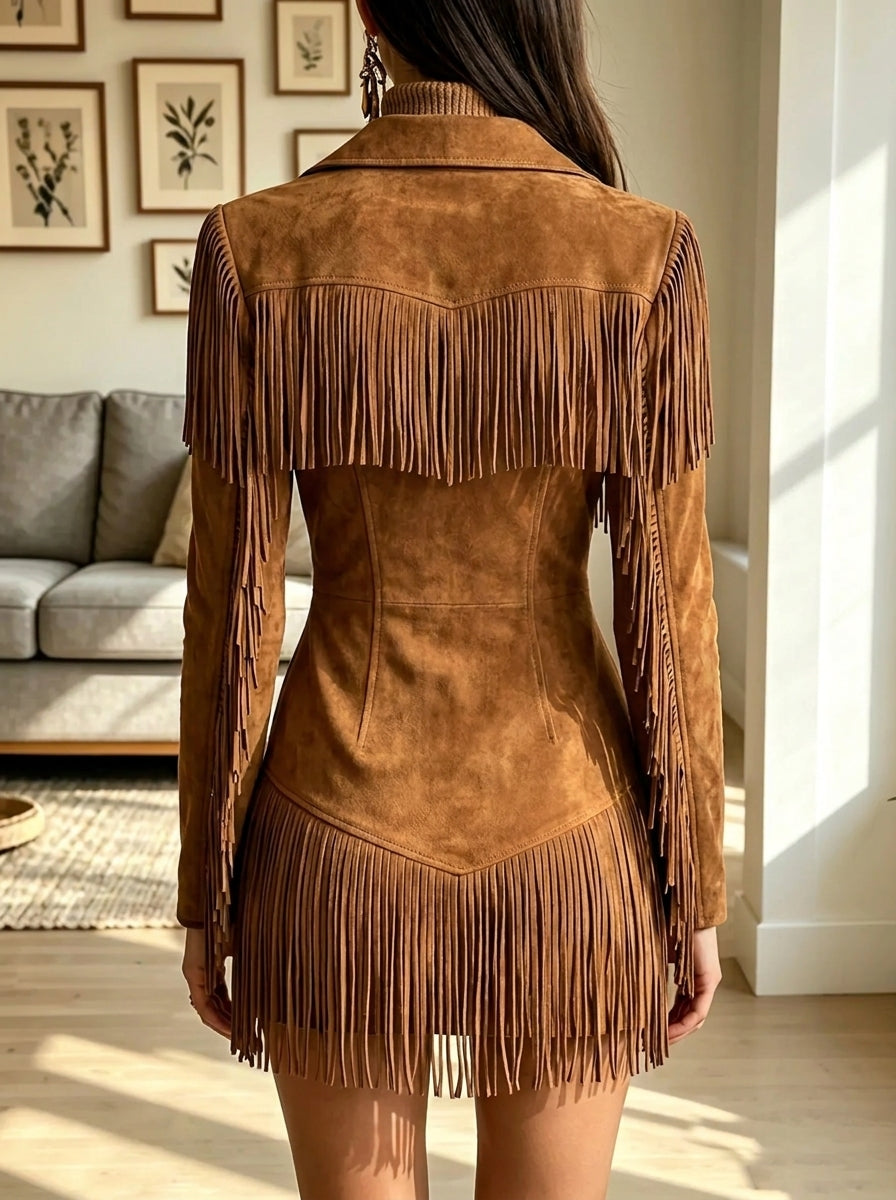 Women's Western Fringe Half-Zip Suede Dress