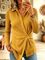 Women's Asymmetrical Button Wrap Ribbed Polo Top