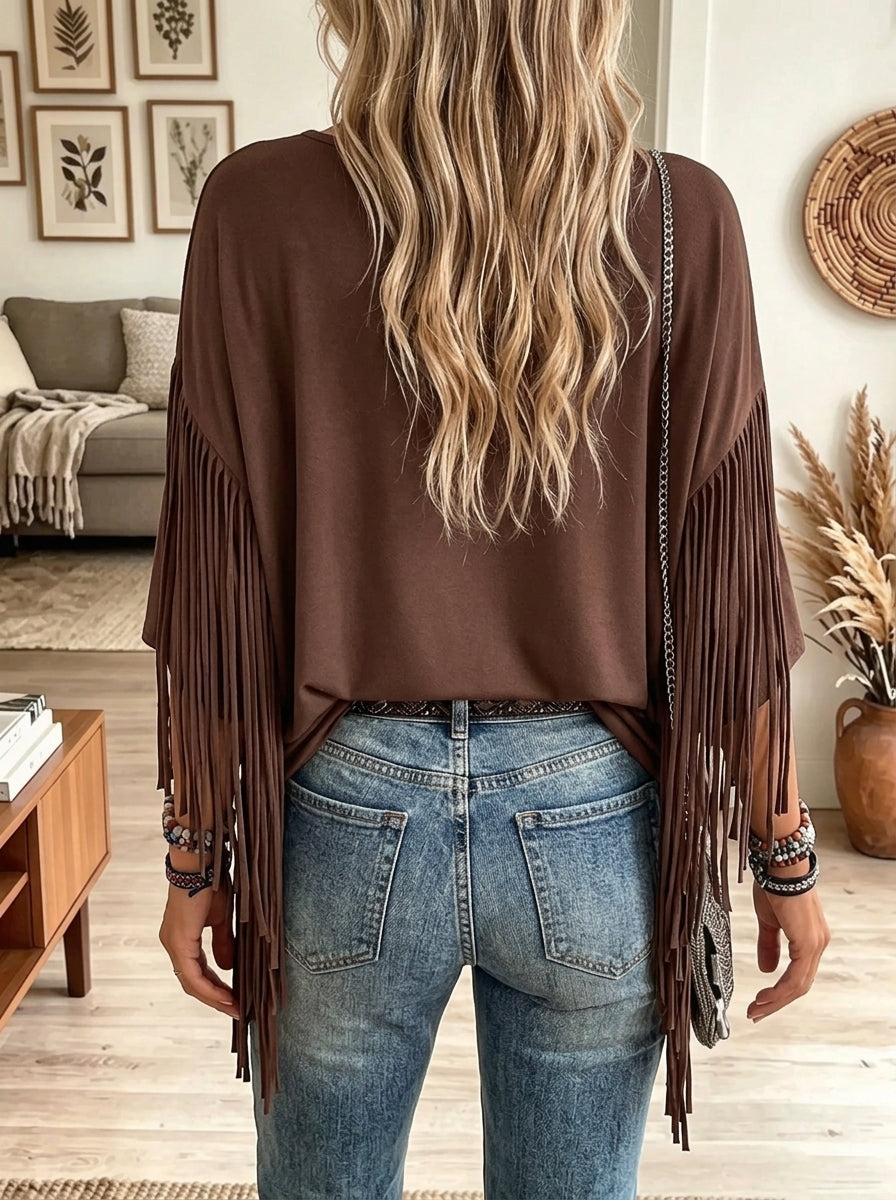 Women's Fringe Batwing Sleeve Bohemian Tunic Top