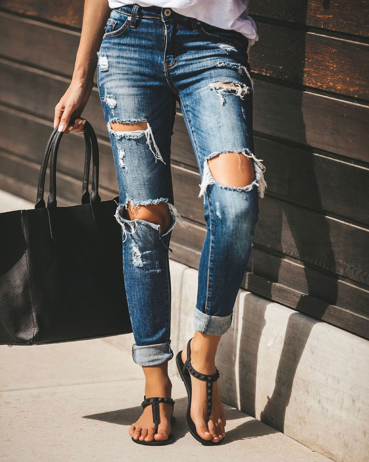 Women Distressed Ripped Cuffed Ankle Skinny Jeans Casual Stretch Denim Pants
