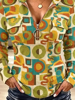 Vintage Geometric Pattern Zip Art Casual Stylish Hooded Long Sleeve Top
