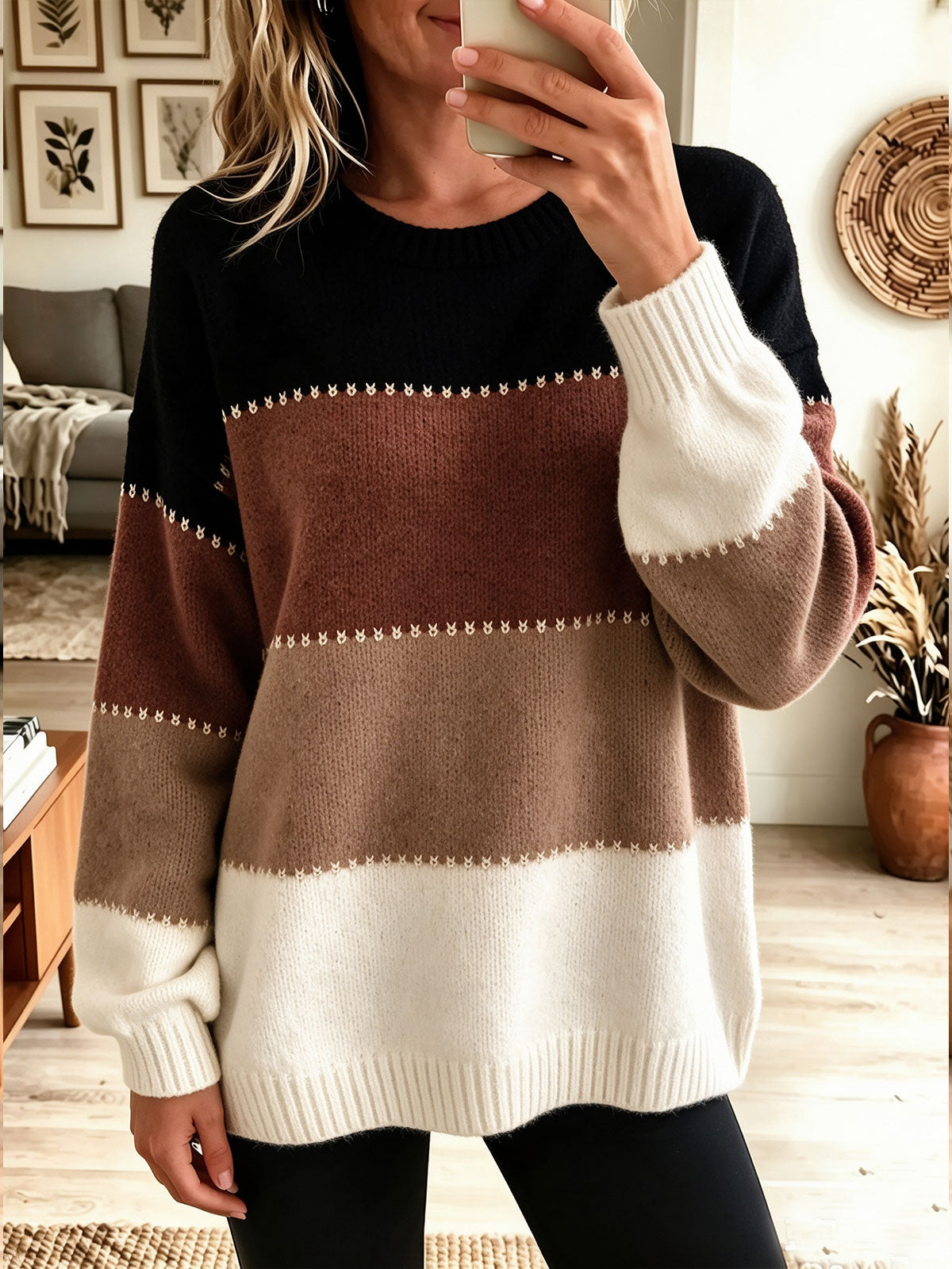 Women Color Block Striped Crew Neck Oversized Long Sleeve Knit Sweater