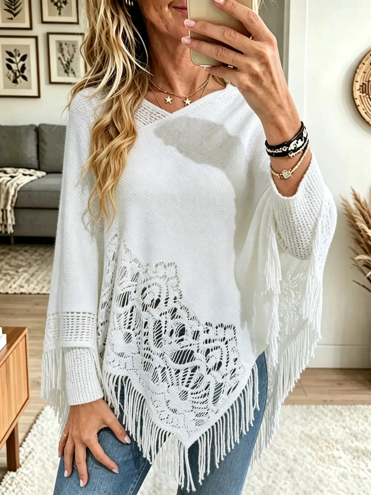 Women's Crochet Lace Cutout Fringe Knit Poncho