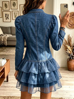 Women's Tiered Tulle Ruffle Hem Denim Mini Dress