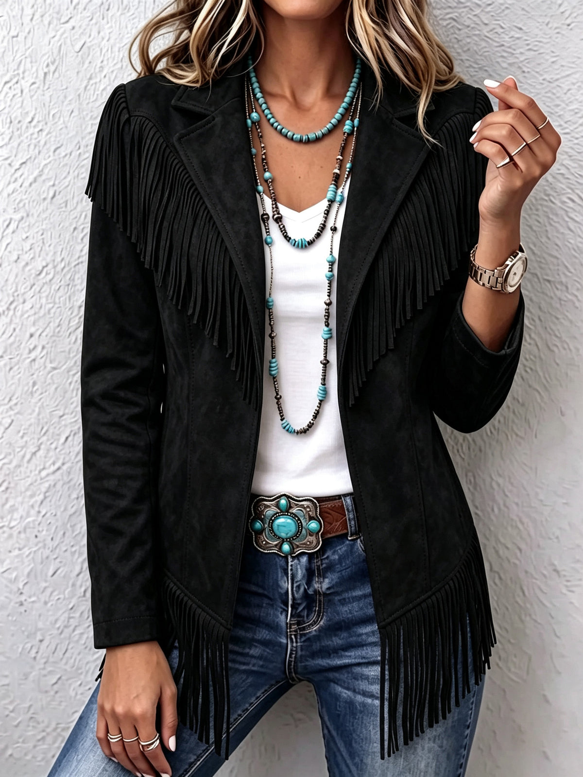Women Western Faux Suede Fringe Lapel Long Sleeve Jacket