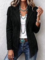 Women Western Faux Suede Fringe Lapel Long Sleeve Jacket