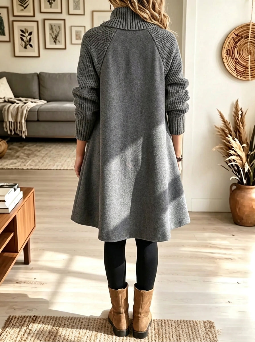 Women's Ribbed Turtleneck Button-Down Woolen Swing Coat Dress